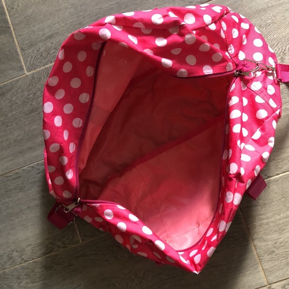 Pink and white polka dot “B” duffle bag with strap and front zipper small pocket - Picture 10 of 16
